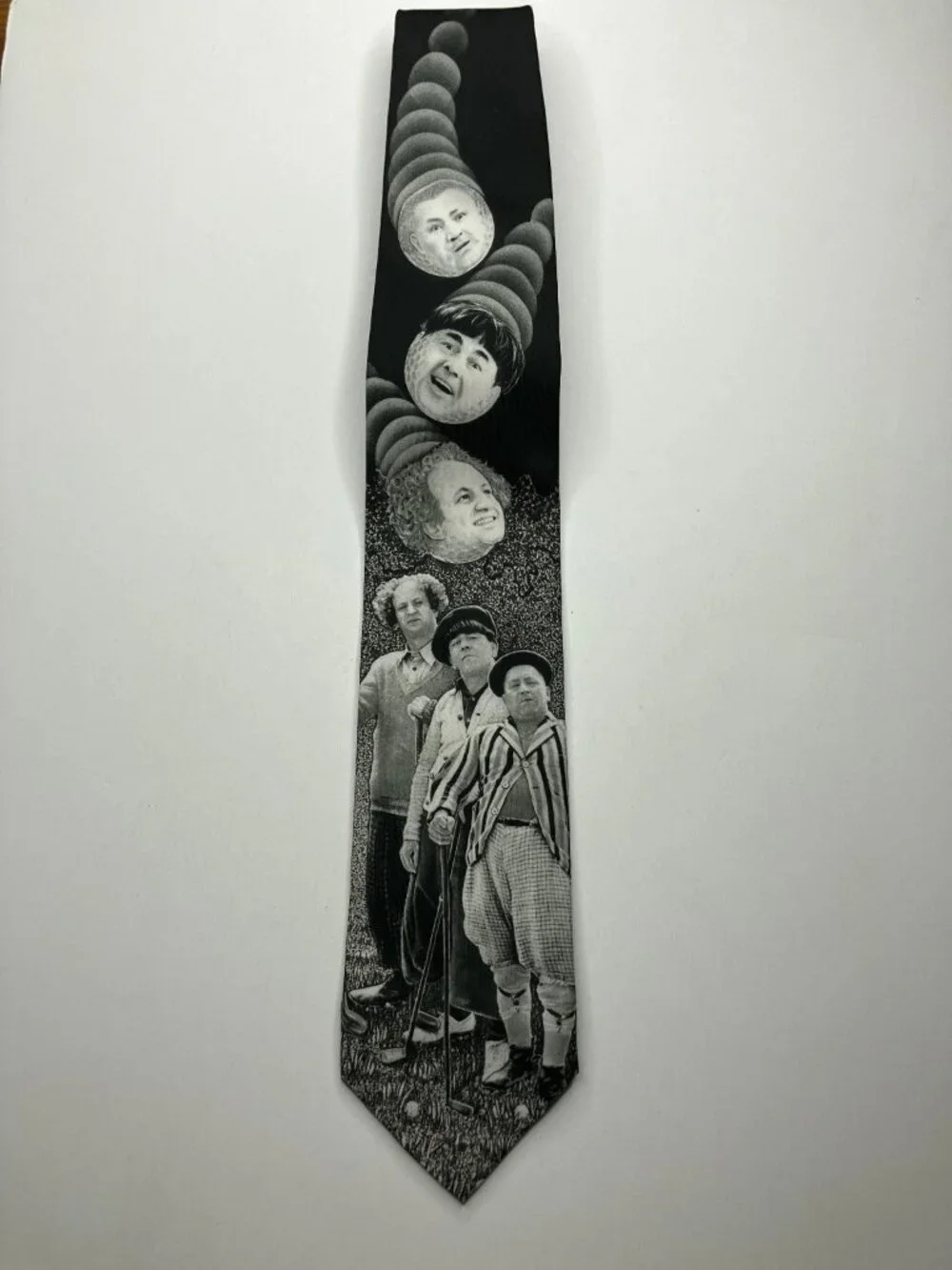Vintage 90's RALPH MARLIN Men’s Tie Black White Three Stooges Golfing Novelty